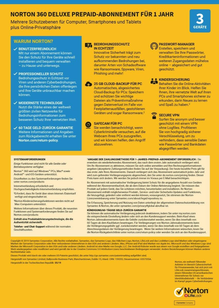 Norton 360 Deluxe, 25 GB Cloud-Backup, 3 Geräte 1 Jahr
