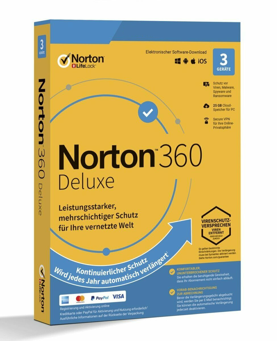 Norton 360 Deluxe, 25 GB Cloud-Backup, 3 Geräte 1 Jahr KEIN ABO