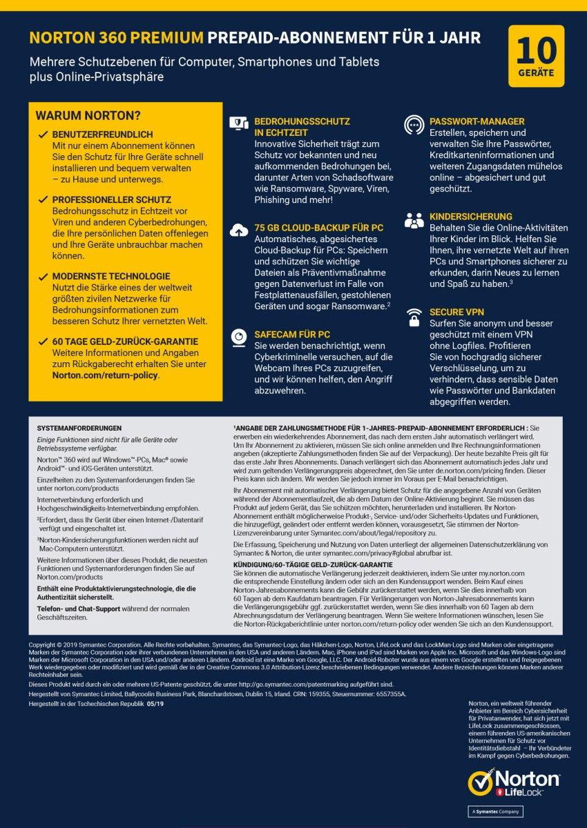Norton 360 Premium, 75 GB Cloud-Backup, 10 Geräte 1 Jahr KEIN ABO