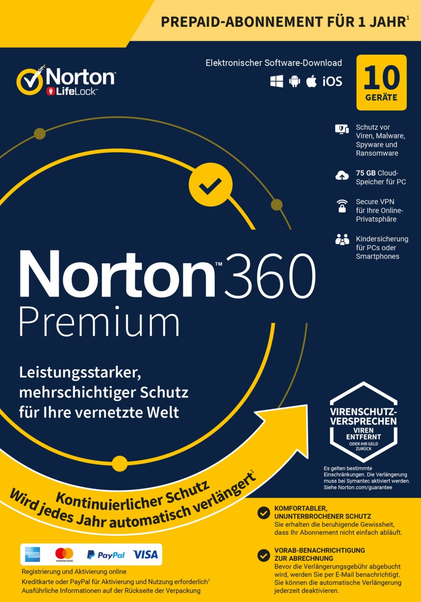 Norton 360 Premium, 75 GB Cloud-Backup, 10 Geräte 1 Jahr