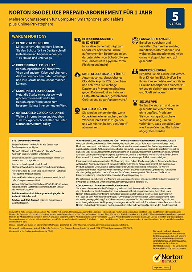 Norton 360 Deluxe, 50 GB Cloud-Backup 5 Geräte 1 Jahr