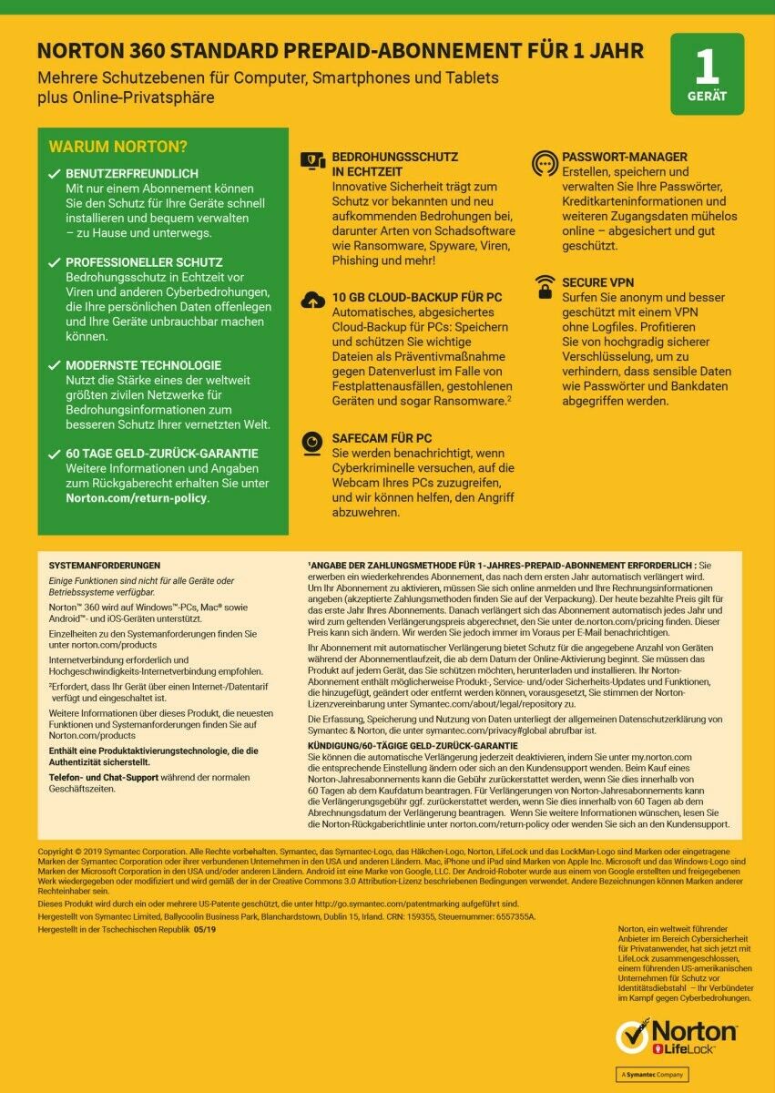 Norton 360 Standard, 10 GB Cloud-Backup, 1 Gerät 1 Jahr KEIN ABO