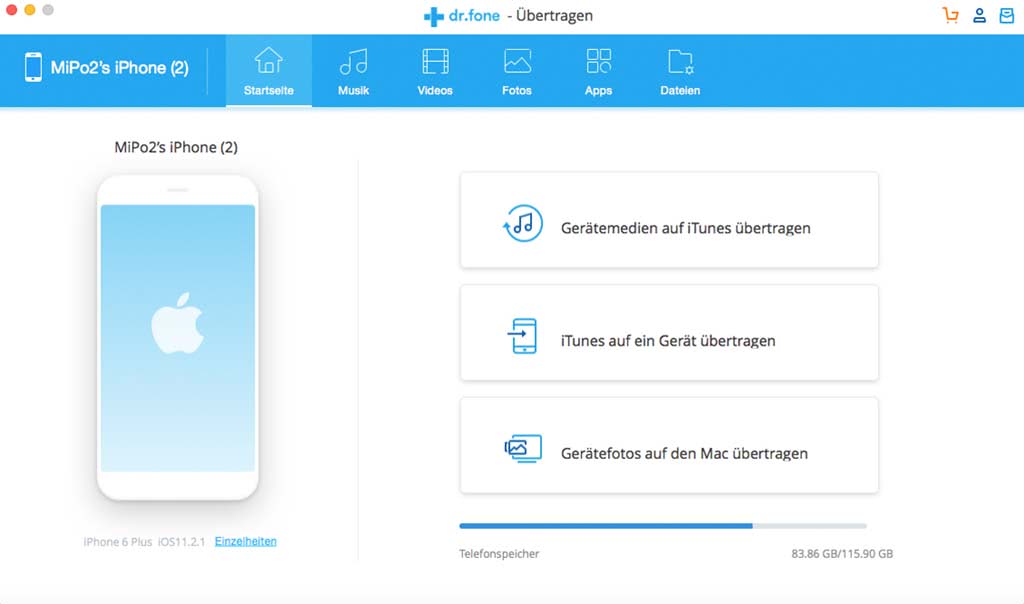 Wondershare Dr. Fone Mac Übertragen (Transfer) iOS 5 Geräte