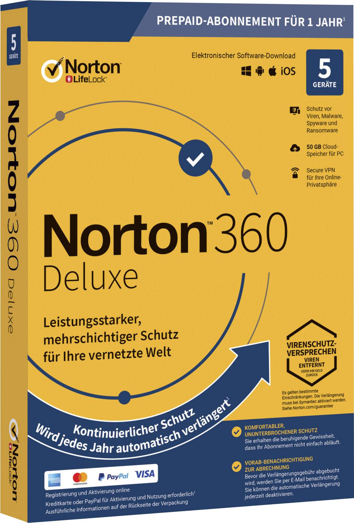 Norton 360 Deluxe, 50 GB Cloud-Backup, 5 Geräte 1 Jahr